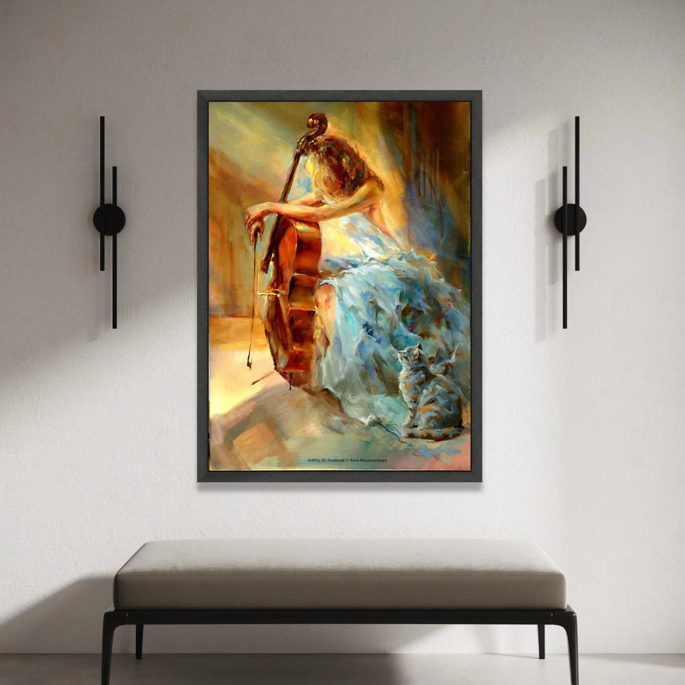 Elegant Woman Playing Cello Canvas, Music and Cat Art, Impressionist Style Wall Art, Soft Color Palette Home Decoration Canvas Print Art