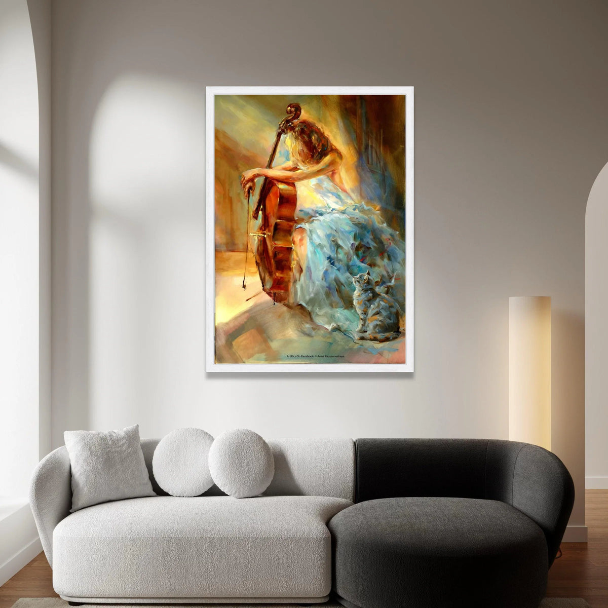 Elegant Woman Playing Cello Canvas, Music and Cat Art, Impressionist Style Wall Art, Soft Color Palette Home Decoration Canvas Print Art