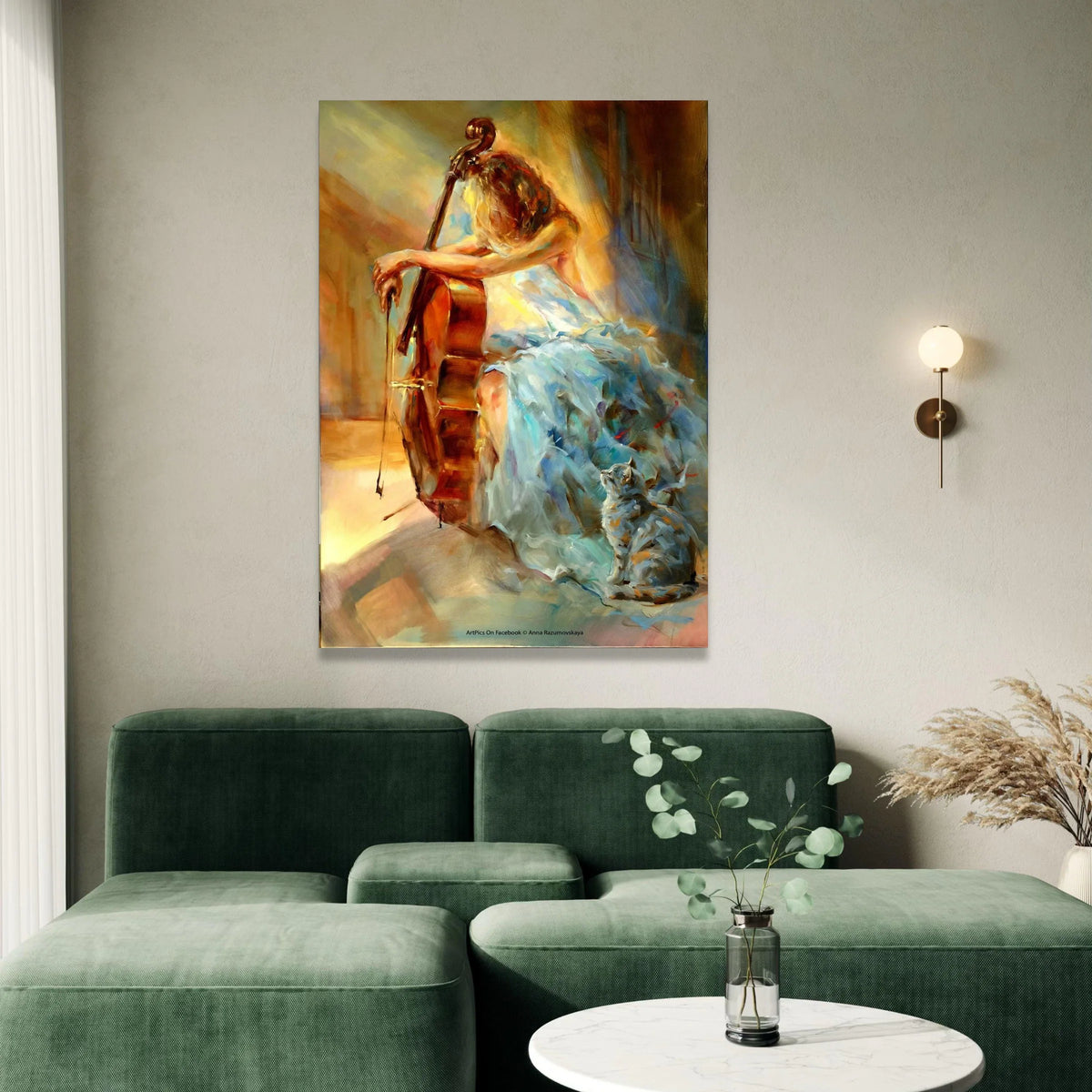 Elegant Woman Playing Cello Canvas, Music and Cat Art, Impressionist Style Wall Art, Soft Color Palette Home Decoration Canvas Print Art