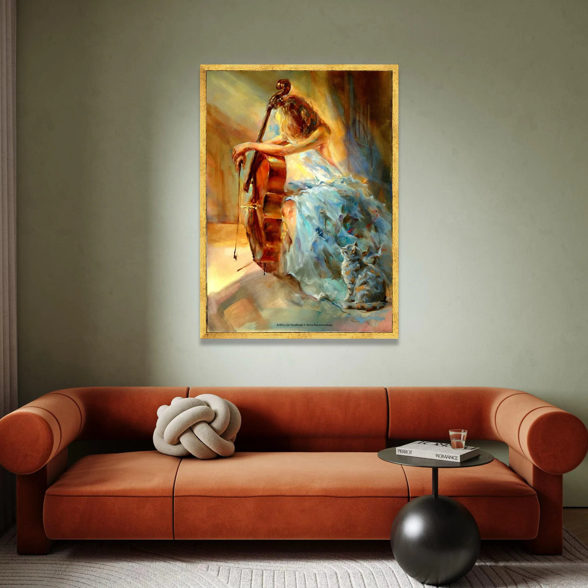 Elegant Woman Playing Cello Canvas, Music and Cat Art, Impressionist Style Wall Art, Soft Color Palette Home Decoration Canvas Print Art