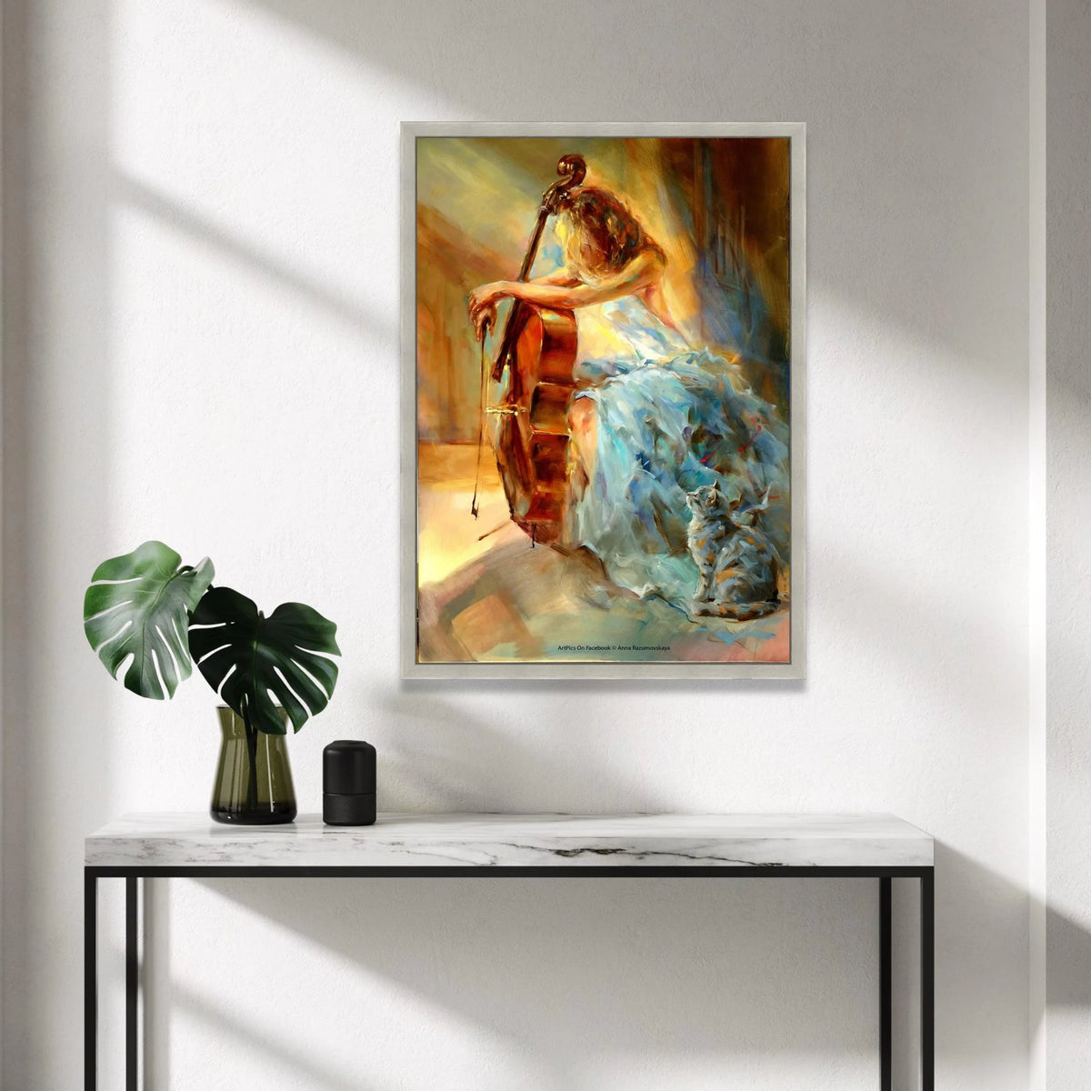 Elegant Woman Playing Cello Canvas, Music and Cat Art, Impressionist Style Wall Art, Soft Color Palette Home Decoration Canvas Print Art