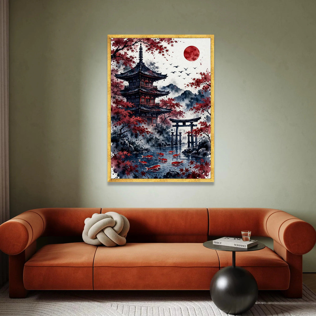 Tranquil Japanese Pagoda Canvas, Red Maple Trees Wall Art, Koi Fish Pond Print, Oriental Landscape Canvas, Asian Home Canvas Print Art