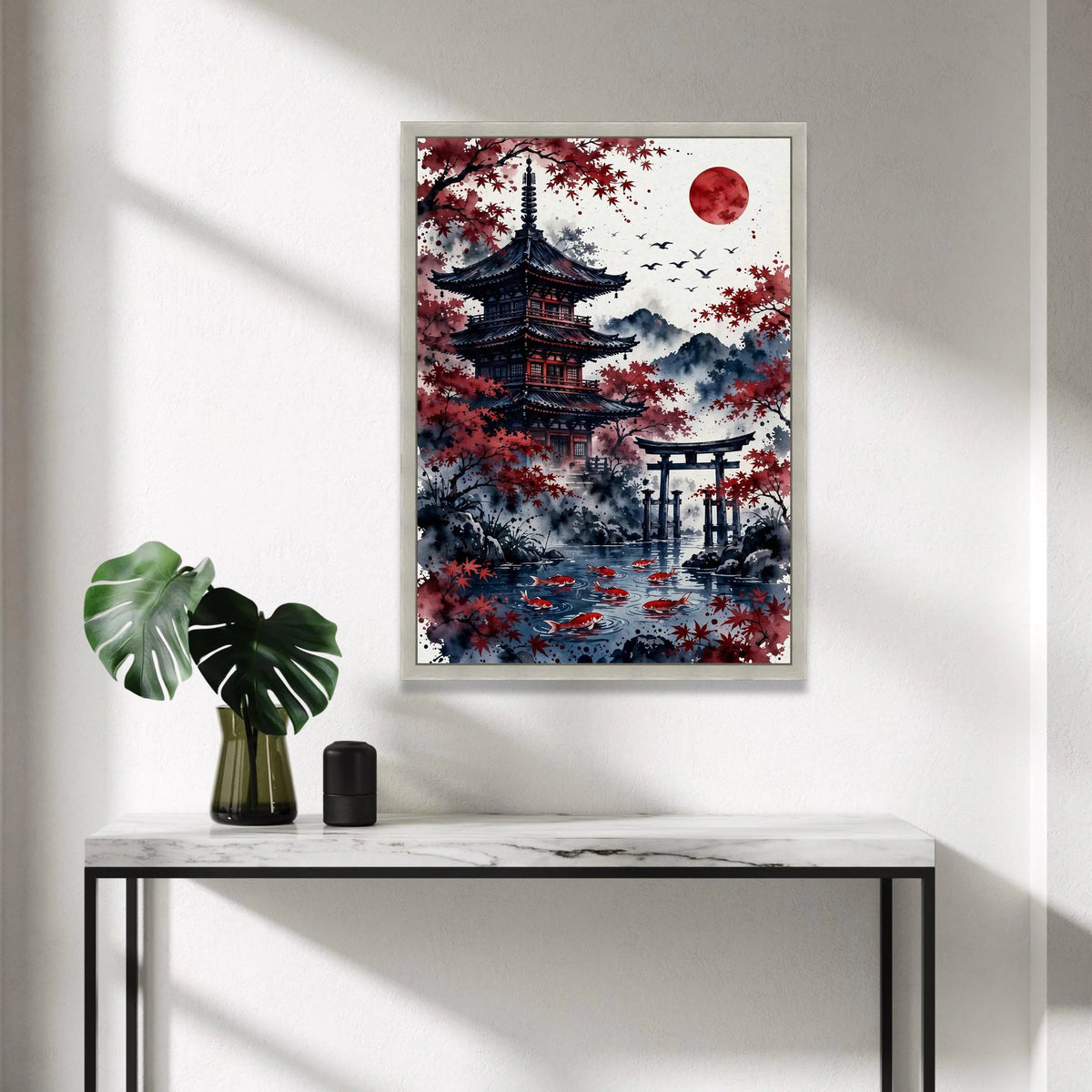 Tranquil Japanese Pagoda Canvas, Red Maple Trees Wall Art, Koi Fish Pond Print, Oriental Landscape Canvas, Asian Home Canvas Print Art
