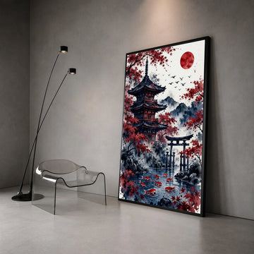 Tranquil Japanese Pagoda Canvas, Red Maple Trees Wall Art, Koi Fish Pond Print, Oriental Landscape Canvas, Asian Home Canvas Print Art