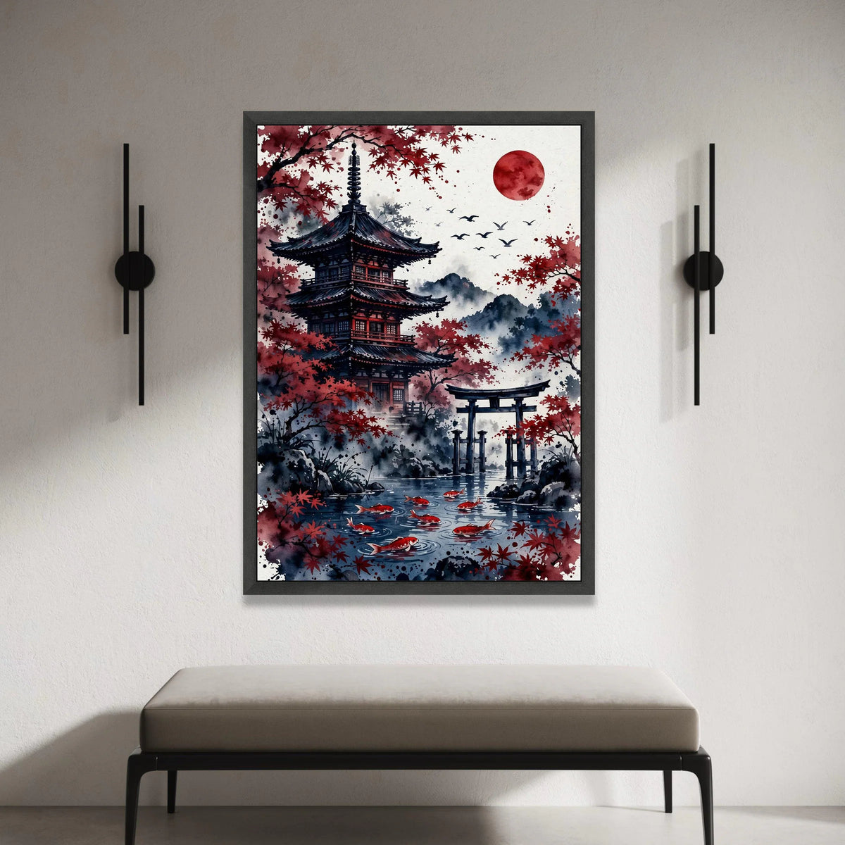 Tranquil Japanese Pagoda Canvas, Red Maple Trees Wall Art, Koi Fish Pond Print, Oriental Landscape Canvas, Asian Home Canvas Print Art