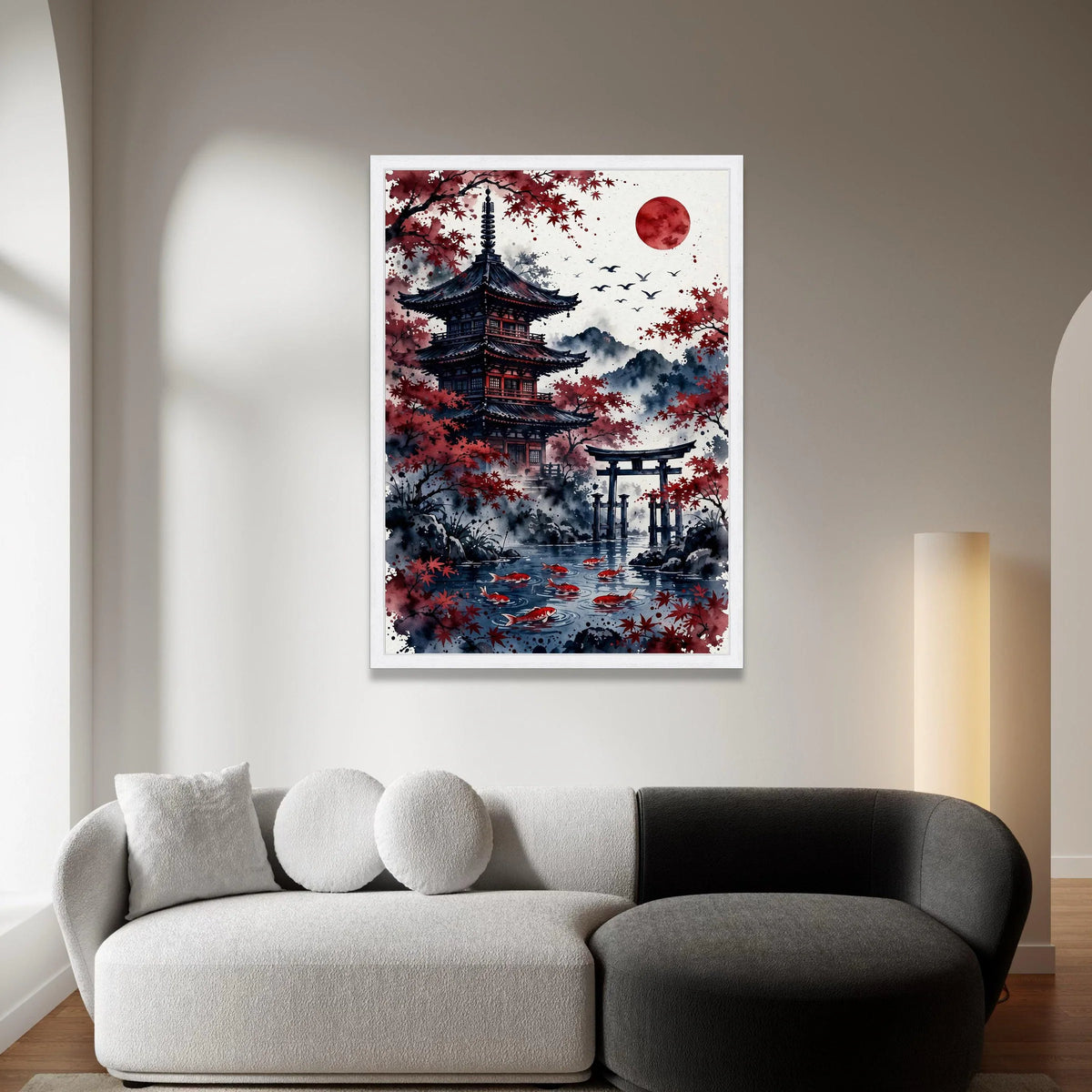 Tranquil Japanese Pagoda Canvas, Red Maple Trees Wall Art, Koi Fish Pond Print, Oriental Landscape Canvas, Asian Home Canvas Print Art