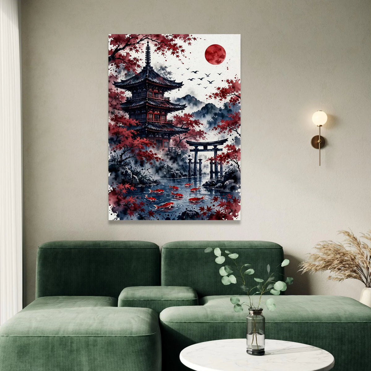 Tranquil Japanese Pagoda Canvas, Red Maple Trees Wall Art, Koi Fish Pond Print, Oriental Landscape Canvas, Asian Home Canvas Print Art