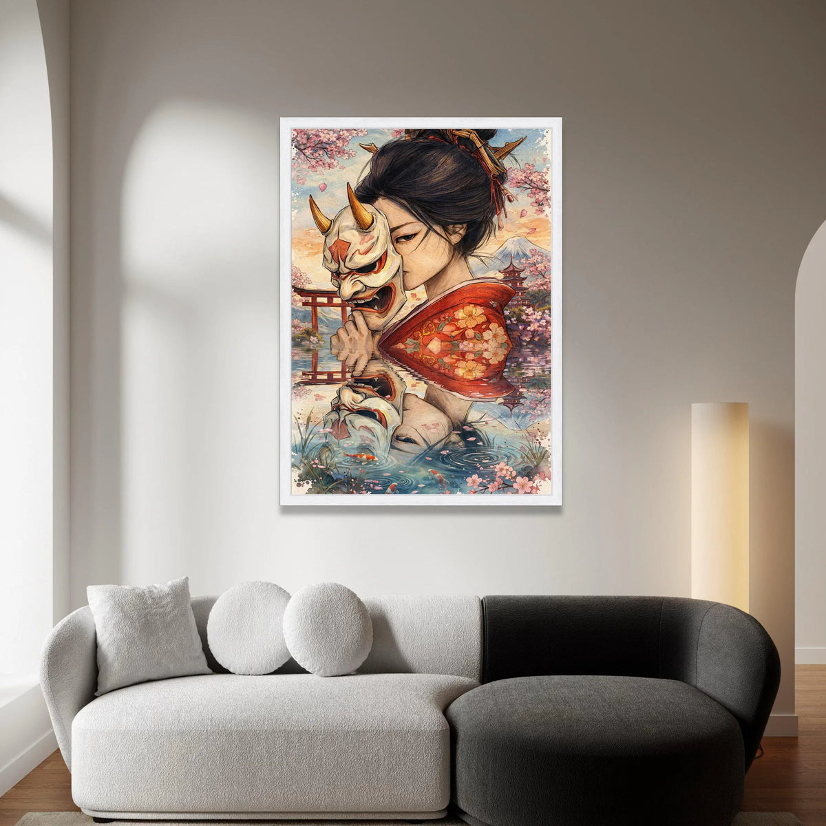 Japanese Woman Holding Oni Mask, Cherry Blossom Canvas Art, Geisha Reflection Wall Decor, Traditional Kimono Painting, Canvas Print Art