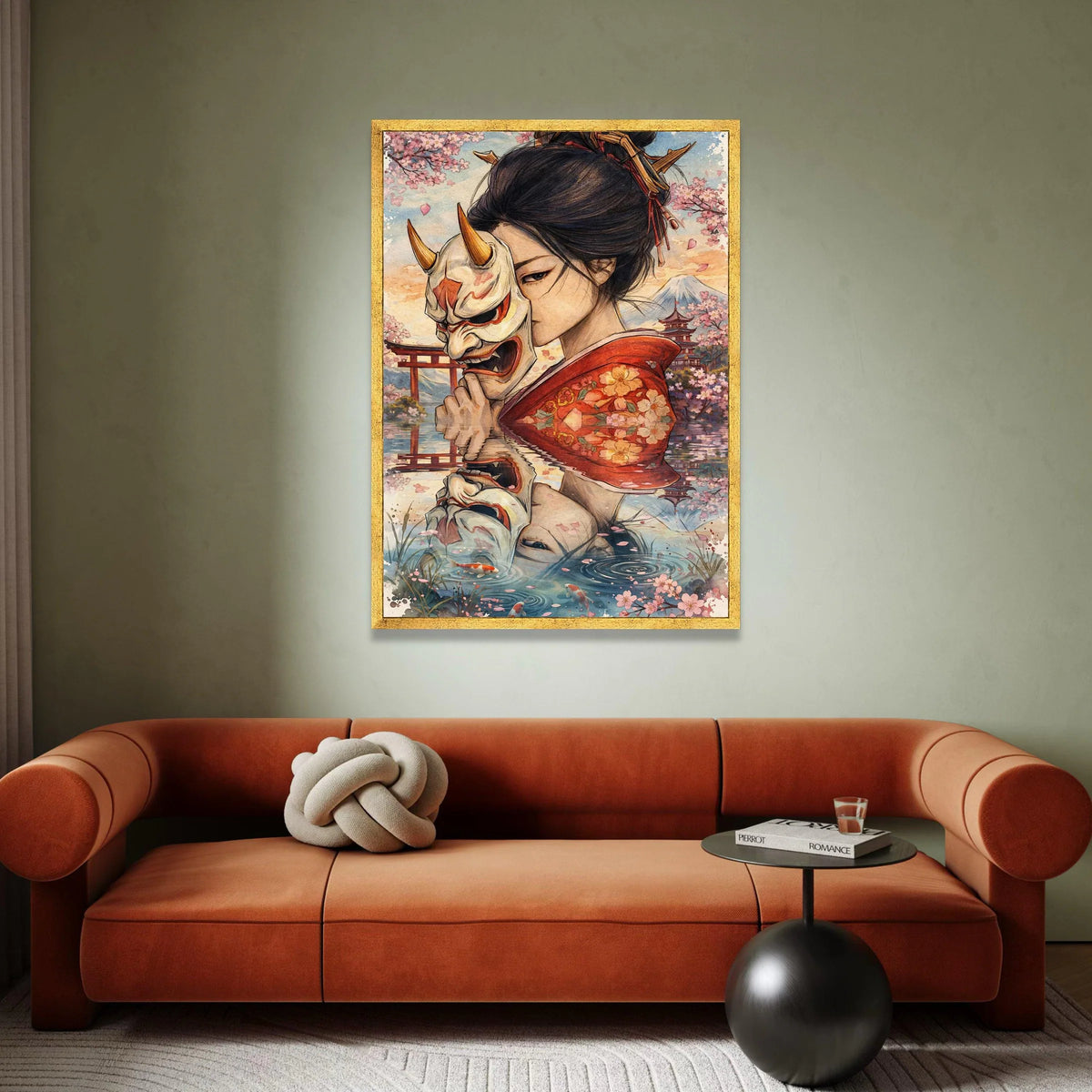 Japanese Woman Holding Oni Mask, Cherry Blossom Canvas Art, Geisha Reflection Wall Decor, Traditional Kimono Painting, Canvas Print Art