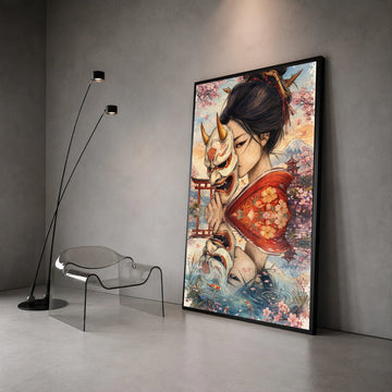 Japanese Woman Holding Oni Mask, Cherry Blossom Canvas Art, Geisha Reflection Wall Decor, Traditional Kimono Painting, Canvas Print Art