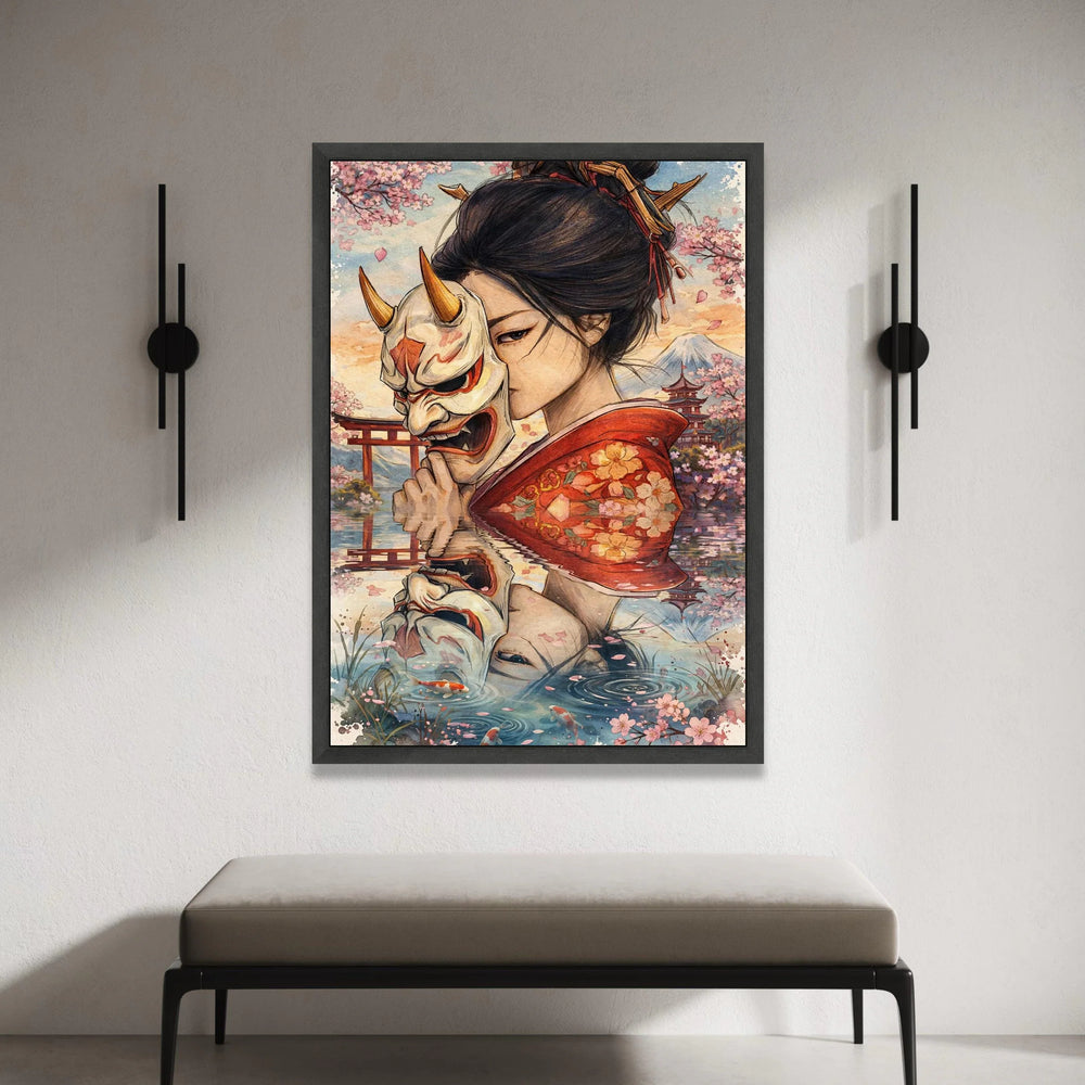 Japanese Woman Holding Oni Mask, Cherry Blossom Canvas Art, Geisha Reflection Wall Decor, Traditional Kimono Painting, Canvas Print Art