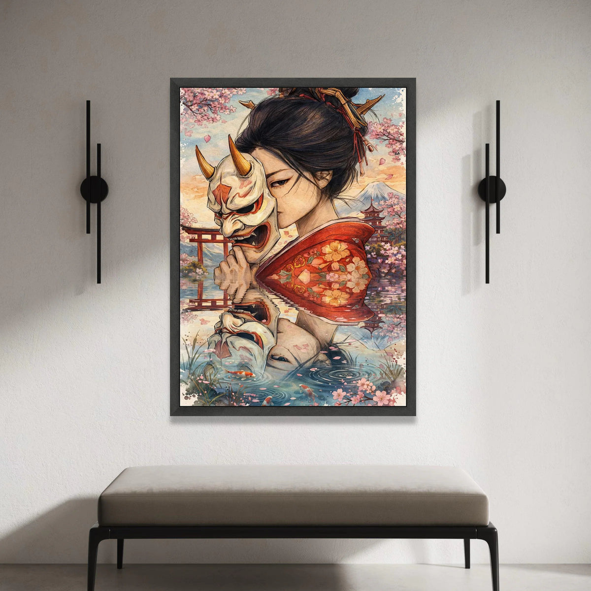 Japanese Woman Holding Oni Mask, Cherry Blossom Canvas Art, Geisha Reflection Wall Decor, Traditional Kimono Painting, Canvas Print Art