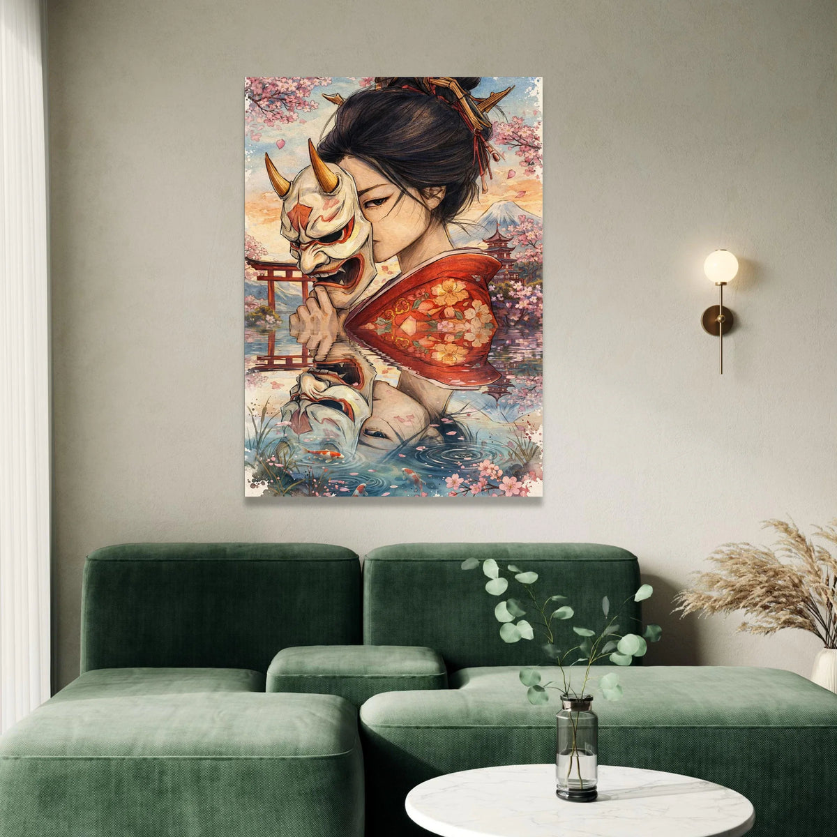 Japanese Woman Holding Oni Mask, Cherry Blossom Canvas Art, Geisha Reflection Wall Decor, Traditional Kimono Painting, Canvas Print Art