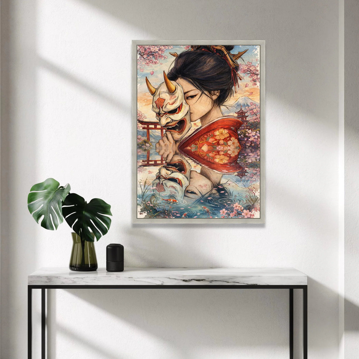 Japanese Woman Holding Oni Mask, Cherry Blossom Canvas Art, Geisha Reflection Wall Decor, Traditional Kimono Painting, Canvas Print Art