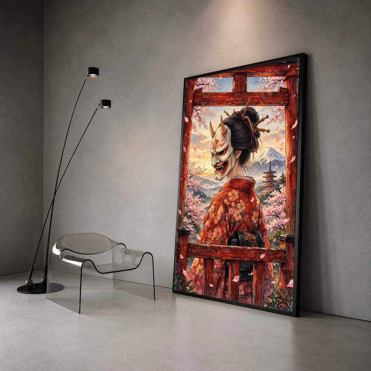 Japanese Geisha with Hannya Mask Canvas Wall Art, Cherry Blossom Landscape, Mount Fuji and Pagoda, Traditional Asian Canvas Print Art