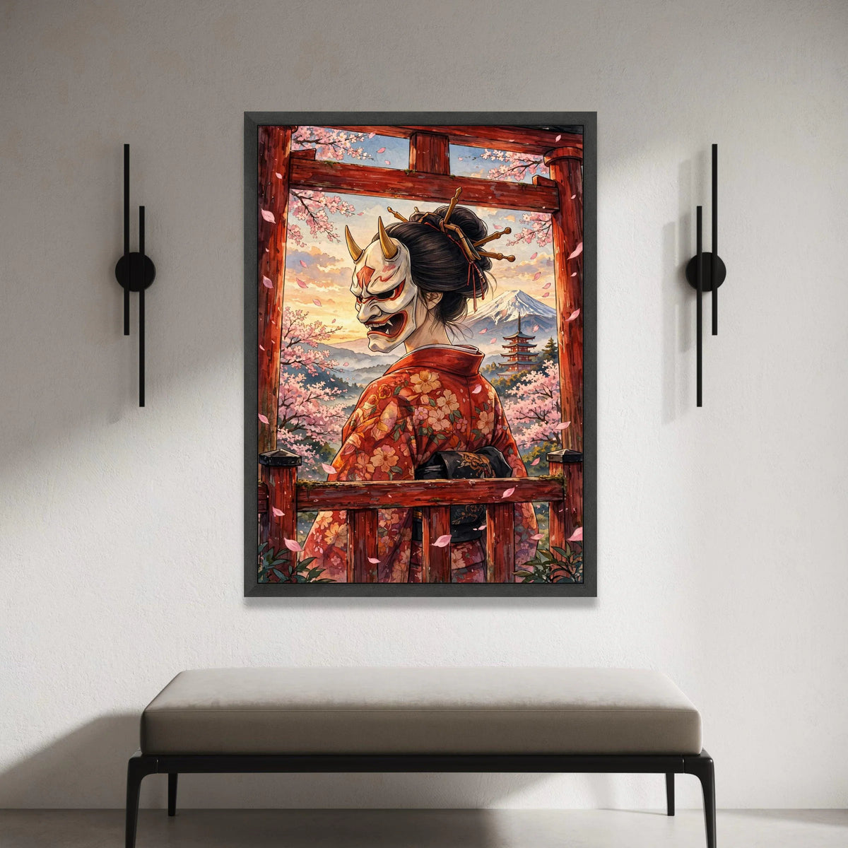 Japanese Geisha with Hannya Mask Canvas Wall Art, Cherry Blossom Landscape, Mount Fuji and Pagoda, Traditional Asian Canvas Print Art