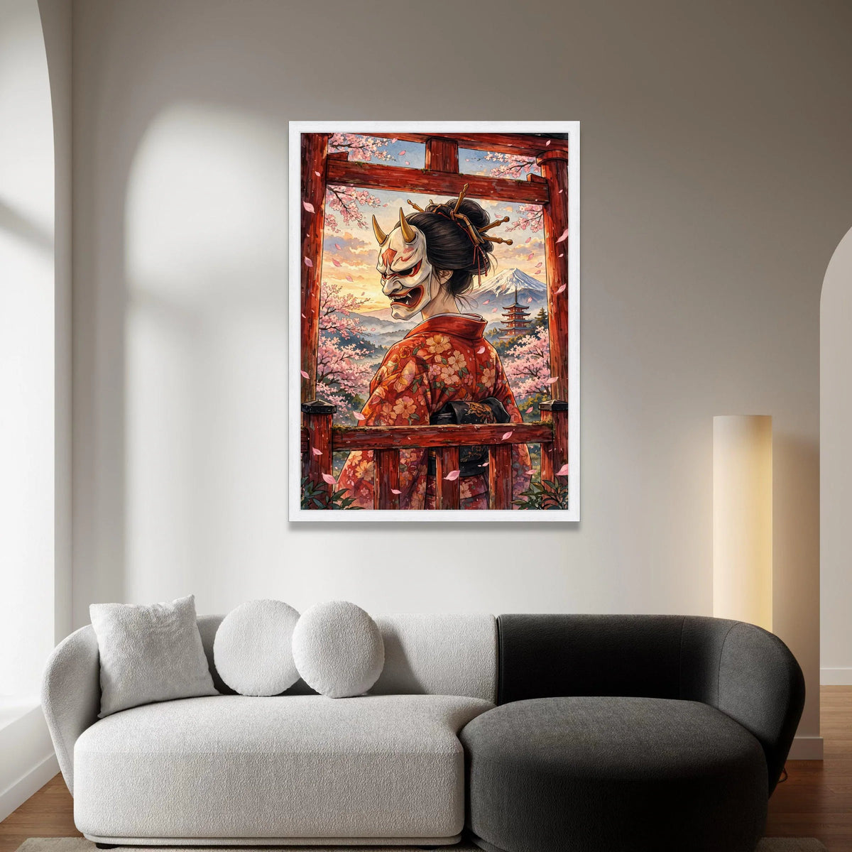 Japanese Geisha with Hannya Mask Canvas Wall Art, Cherry Blossom Landscape, Mount Fuji and Pagoda, Traditional Asian Canvas Print Art