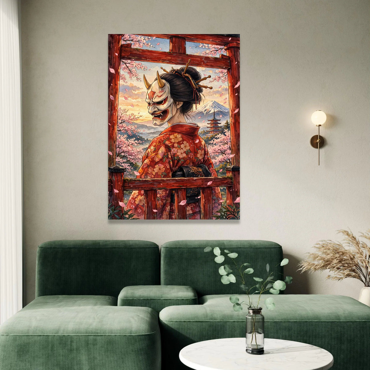 Japanese Geisha with Hannya Mask Canvas Wall Art, Cherry Blossom Landscape, Mount Fuji and Pagoda, Traditional Asian Canvas Print Art