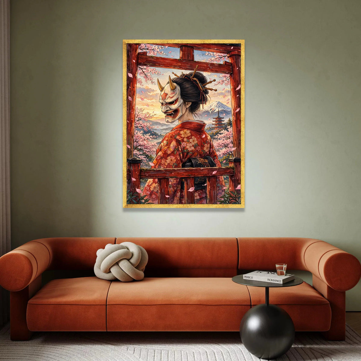 Japanese Geisha with Hannya Mask Canvas Wall Art, Cherry Blossom Landscape, Mount Fuji and Pagoda, Traditional Asian Canvas Print Art