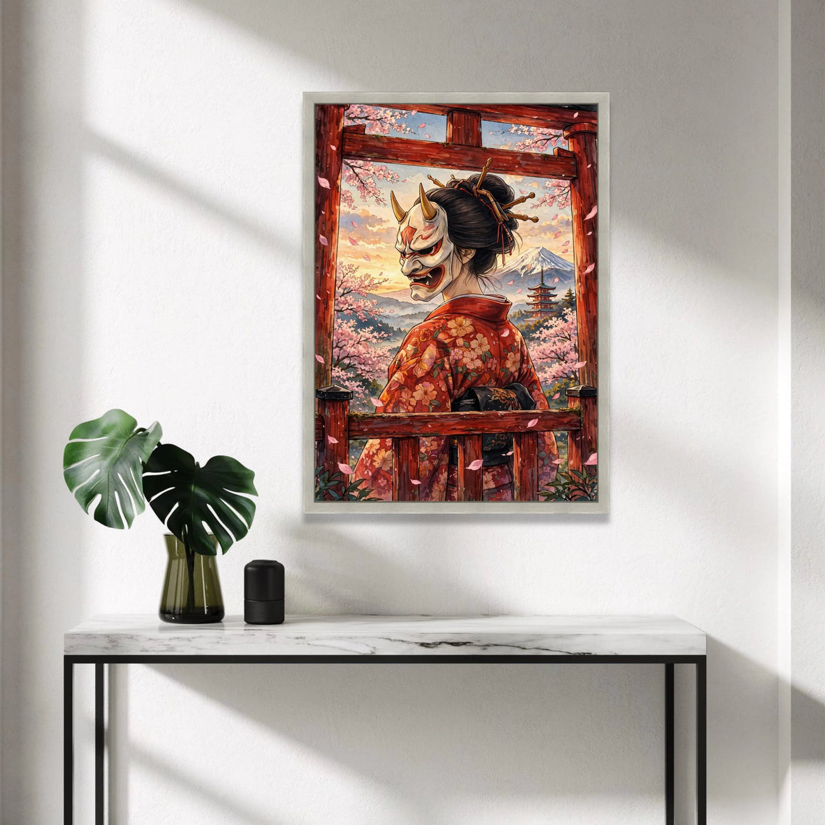 Japanese Geisha with Hannya Mask Canvas Wall Art, Cherry Blossom Landscape, Mount Fuji and Pagoda, Traditional Asian Canvas Print Art