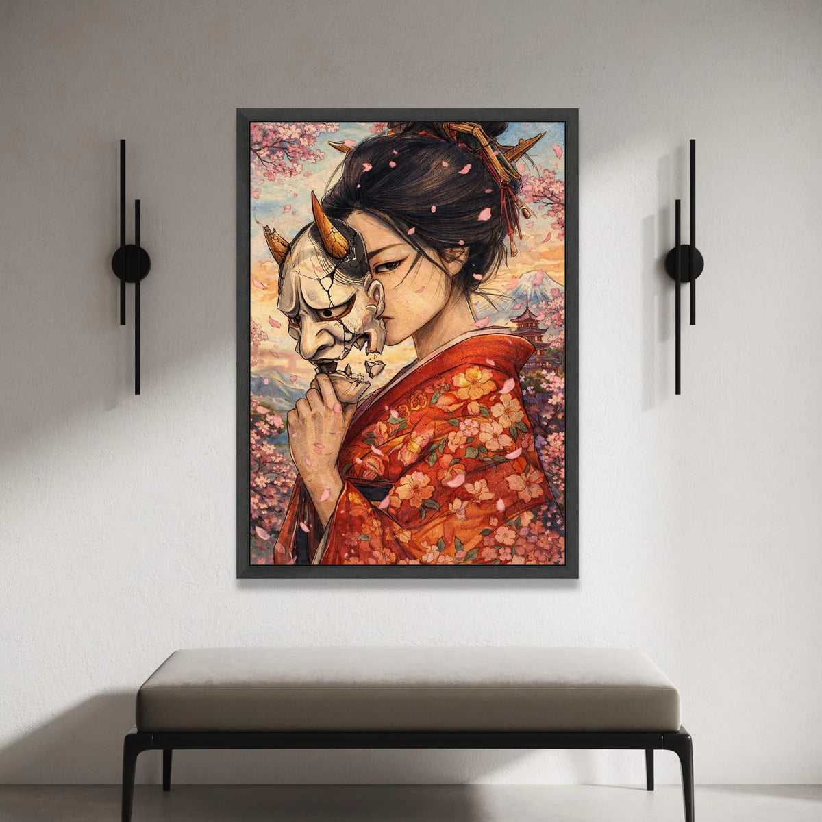 Japanese Geisha with Oni Mask, Cherry Blossom Canvas Wall Art, Traditional Kimono Illustration, Asian Culture Canvas, Mount Canvas Print Art