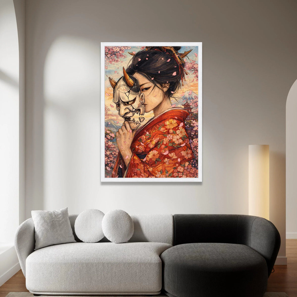 Japanese Geisha with Oni Mask, Cherry Blossom Canvas Wall Art, Traditional Kimono Illustration, Asian Culture Canvas, Mount Canvas Print Art