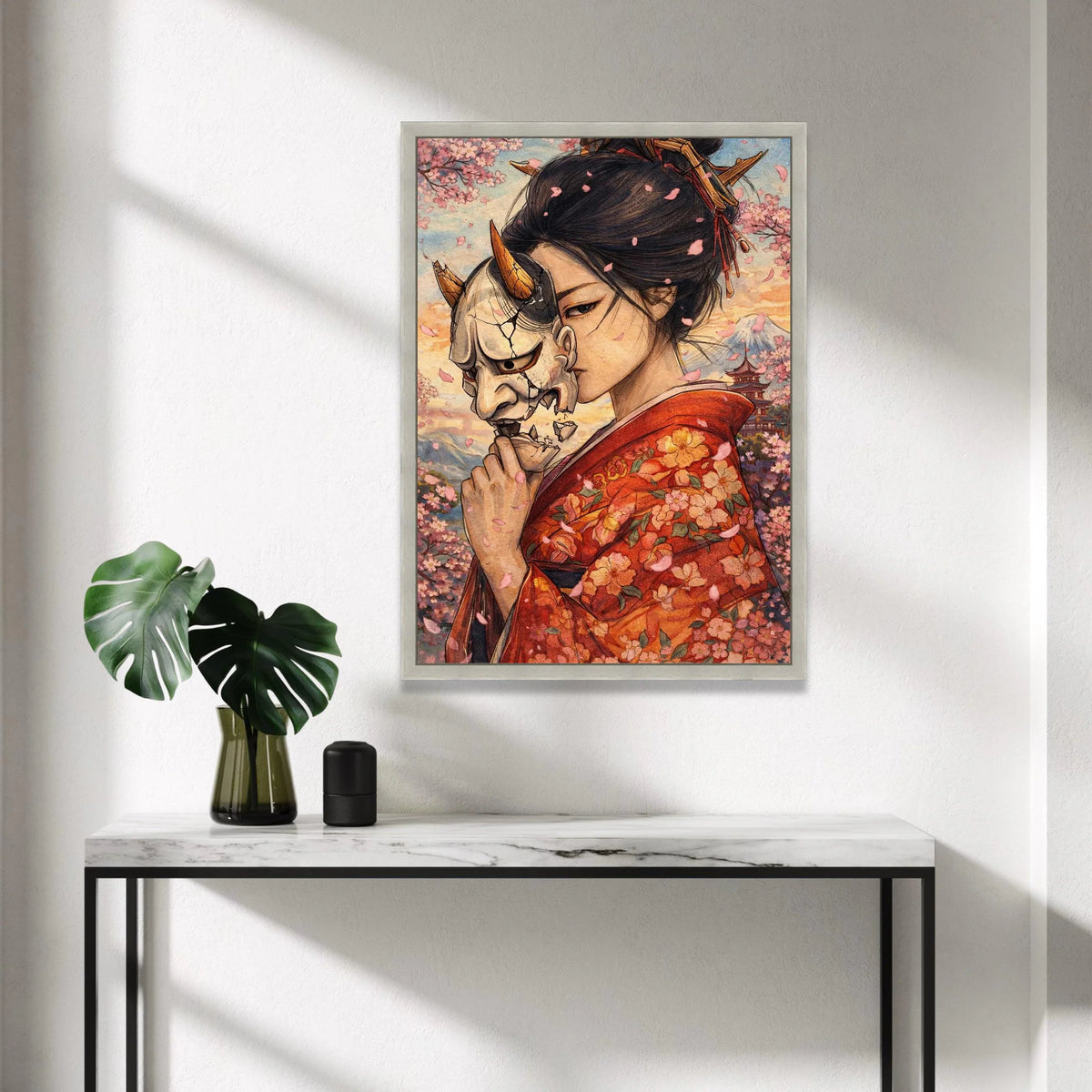 Japanese Geisha with Oni Mask, Cherry Blossom Canvas Wall Art, Traditional Kimono Illustration, Asian Culture Canvas, Mount Canvas Print Art