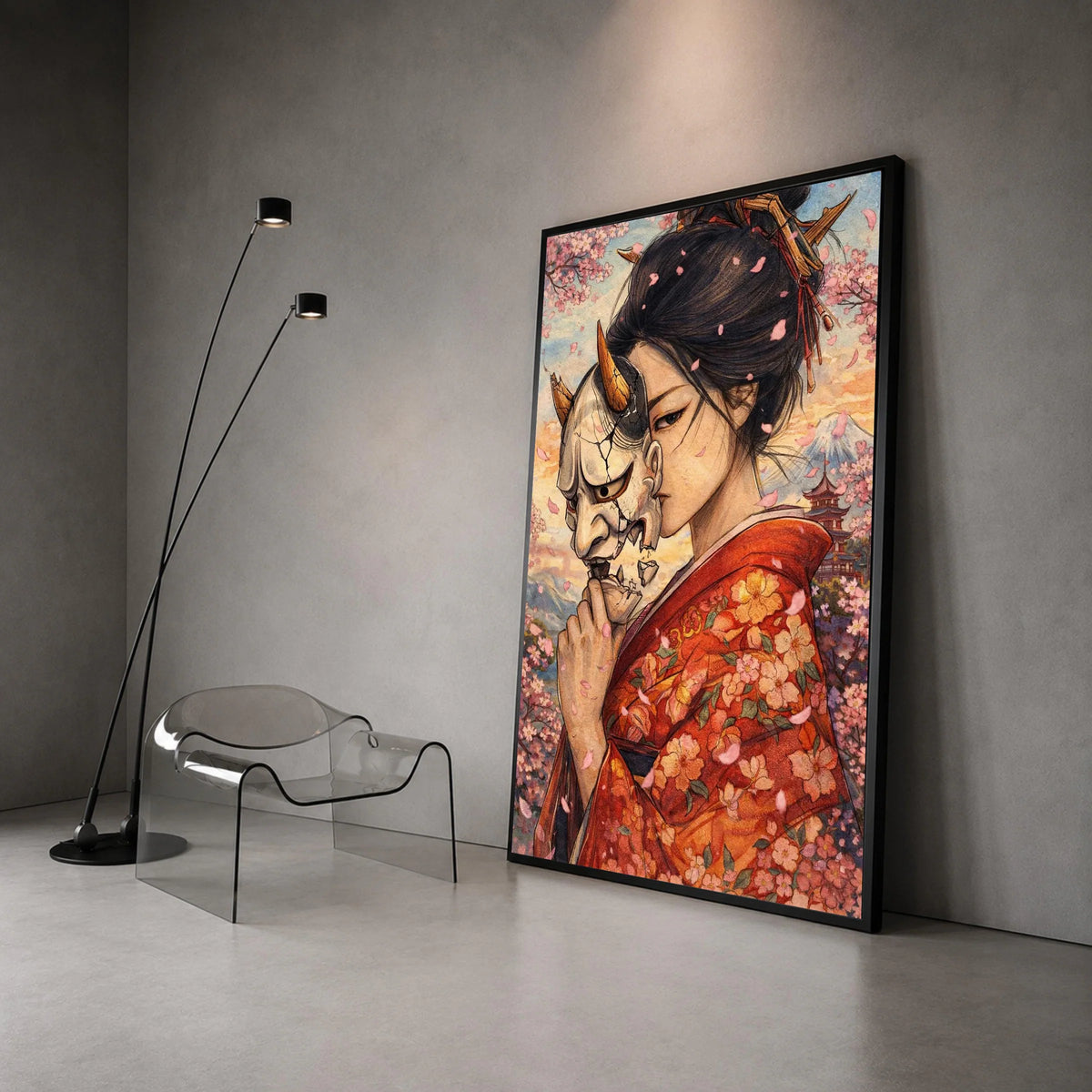 Japanese Geisha with Oni Mask, Cherry Blossom Canvas Wall Art, Traditional Kimono Illustration, Asian Culture Canvas, Mount Canvas Print Art