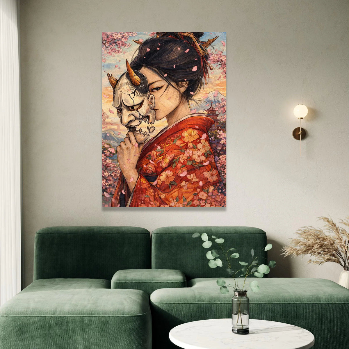 Japanese Geisha with Oni Mask, Cherry Blossom Canvas Wall Art, Traditional Kimono Illustration, Asian Culture Canvas, Mount Canvas Print Art