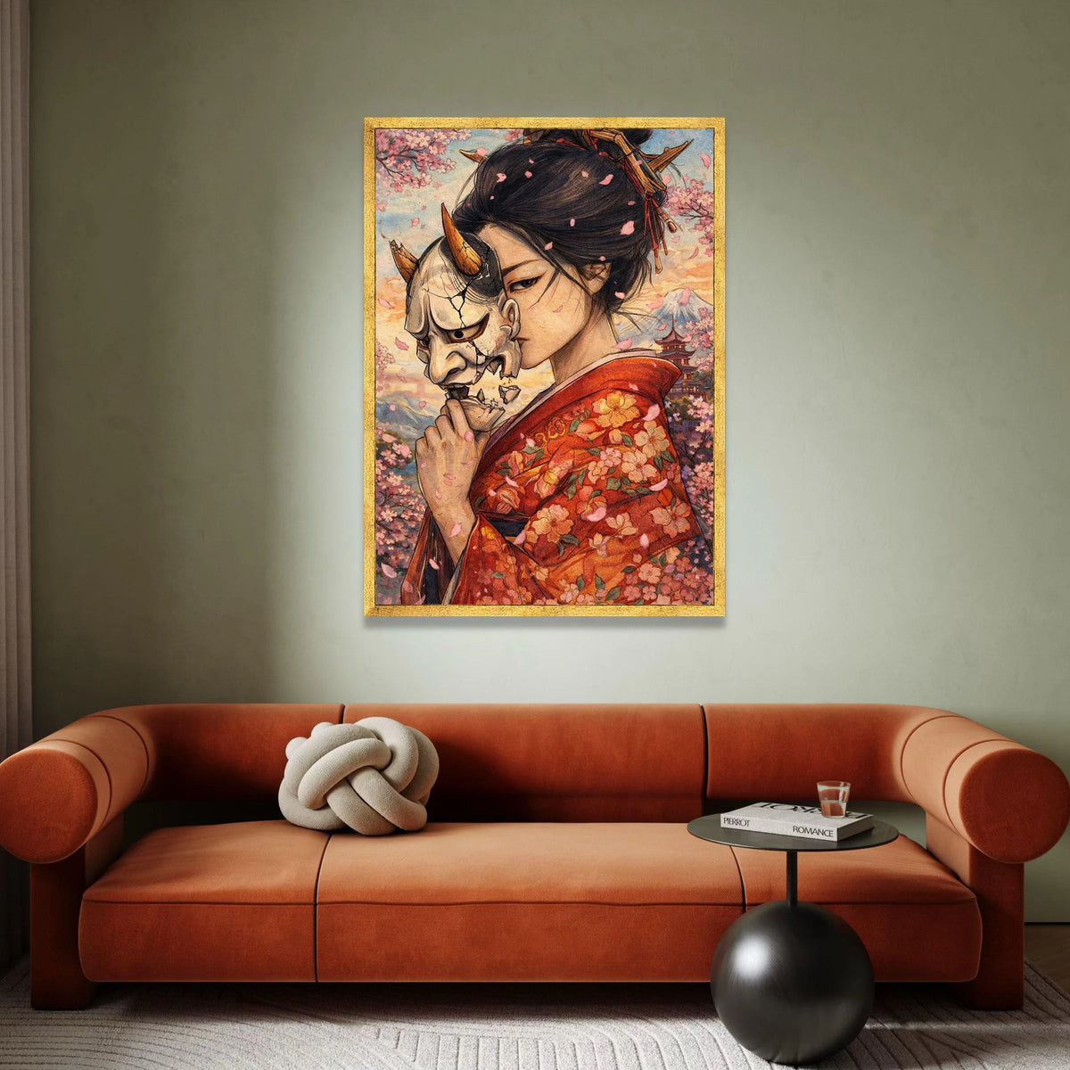 Japanese Geisha with Oni Mask, Cherry Blossom Canvas Wall Art, Traditional Kimono Illustration, Asian Culture Canvas, Mount Canvas Print Art