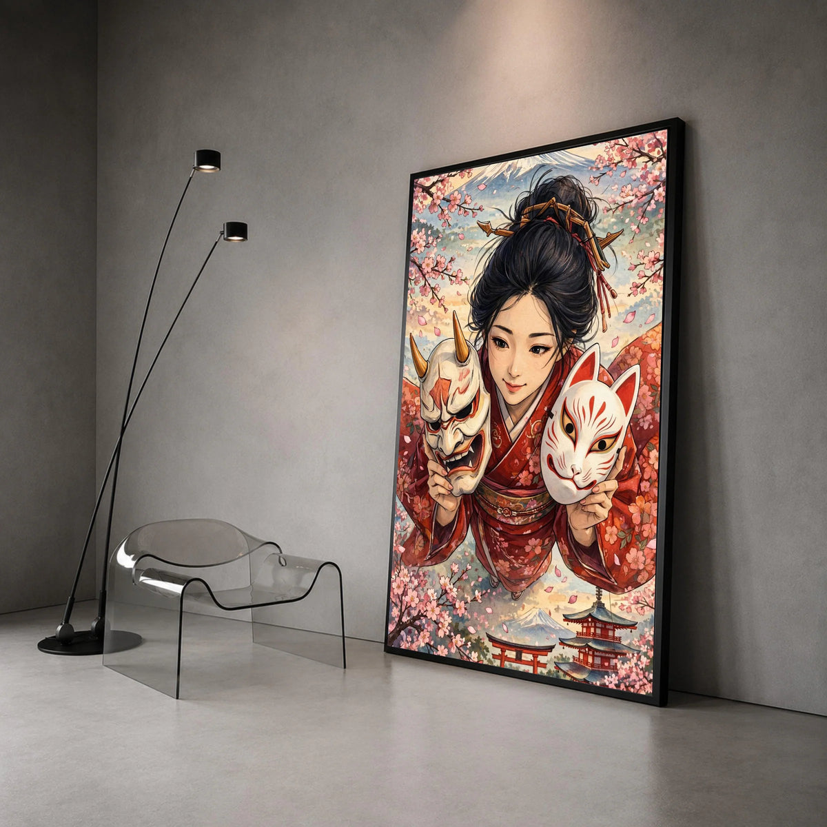 Japanese Kimono Girl with Kitsune and Oni Masks Canvas, Sakura Blossom Wall Art, Traditional Asian Portrait Canvas, Mount Canvas Print Art