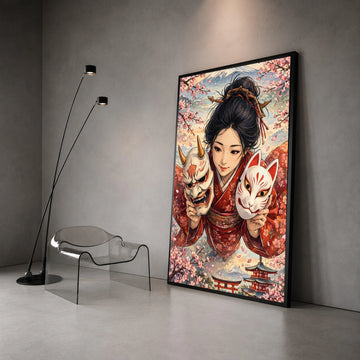Japanese Kimono Girl with Kitsune and Oni Masks Canvas, Sakura Blossom Wall Art, Traditional Asian Portrait Canvas, Mount Canvas Print Art