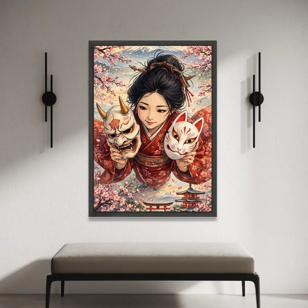 Japanese Kimono Girl with Kitsune and Oni Masks Canvas, Sakura Blossom Wall Art, Traditional Asian Portrait Canvas, Mount Canvas Print Art