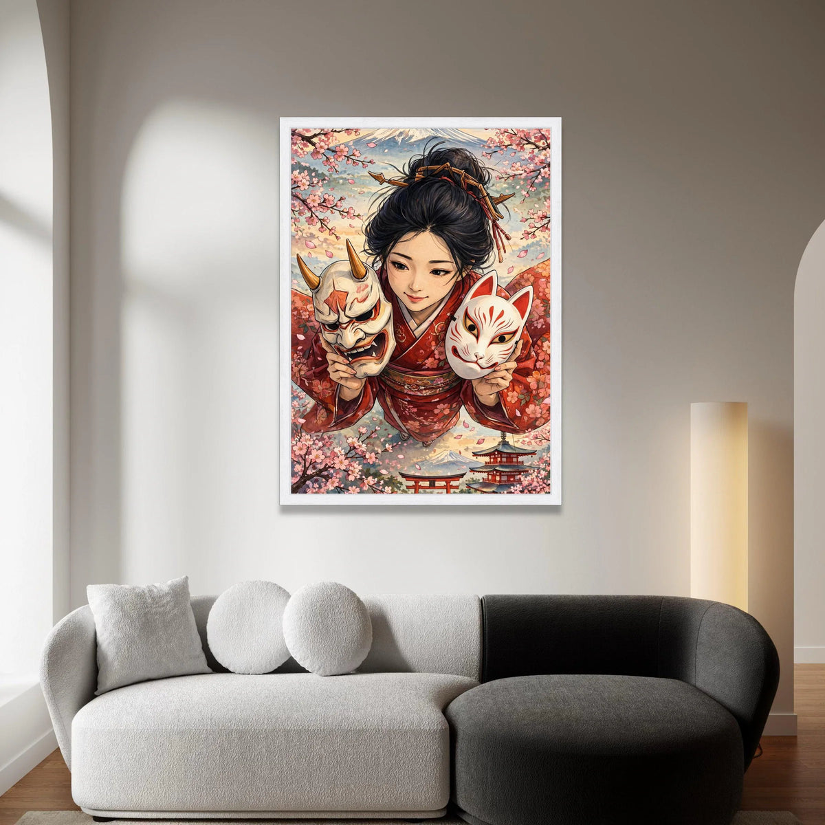 Japanese Kimono Girl with Kitsune and Oni Masks Canvas, Sakura Blossom Wall Art, Traditional Asian Portrait Canvas, Mount Canvas Print Art