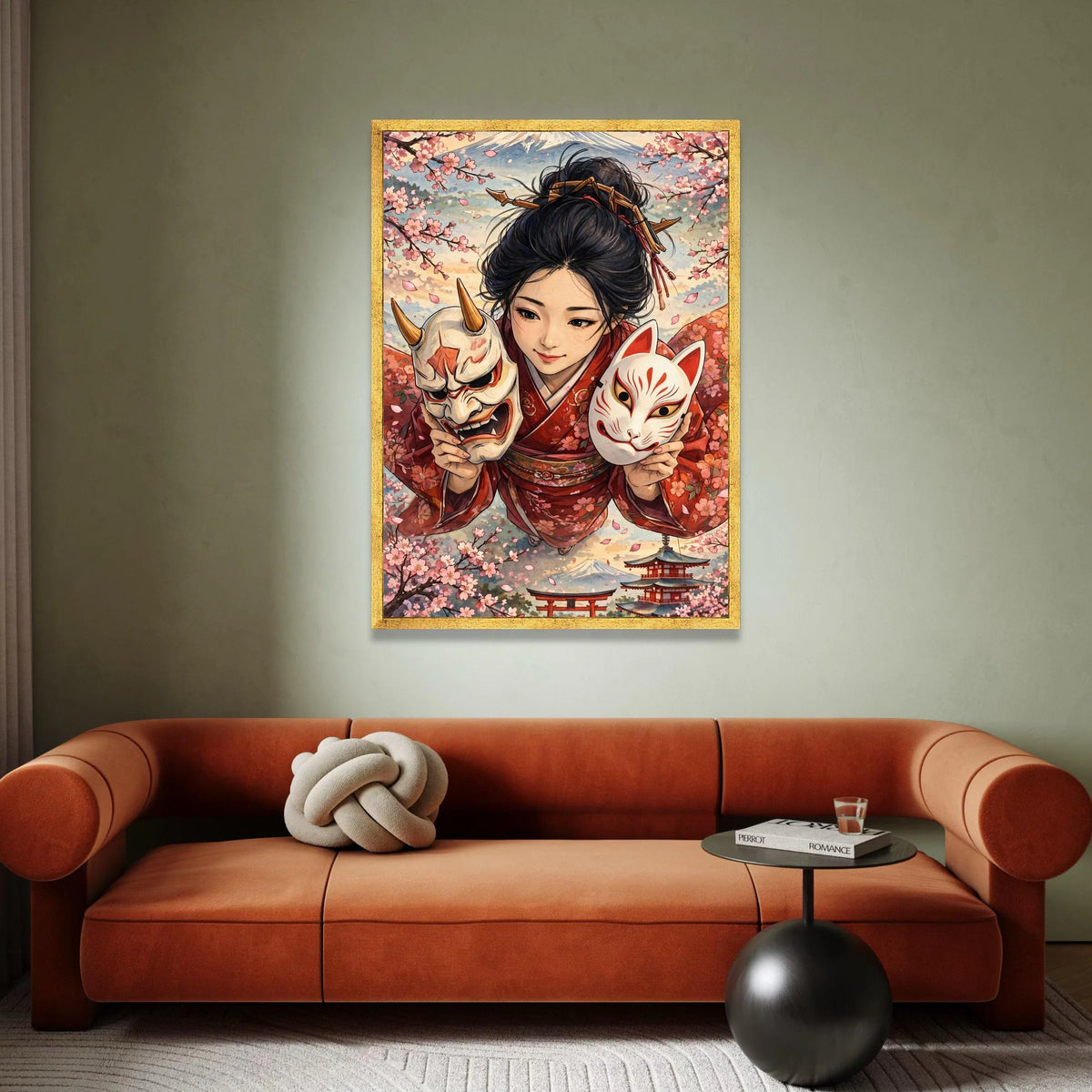 Japanese Kimono Girl with Kitsune and Oni Masks Canvas, Sakura Blossom Wall Art, Traditional Asian Portrait Canvas, Mount Canvas Print Art
