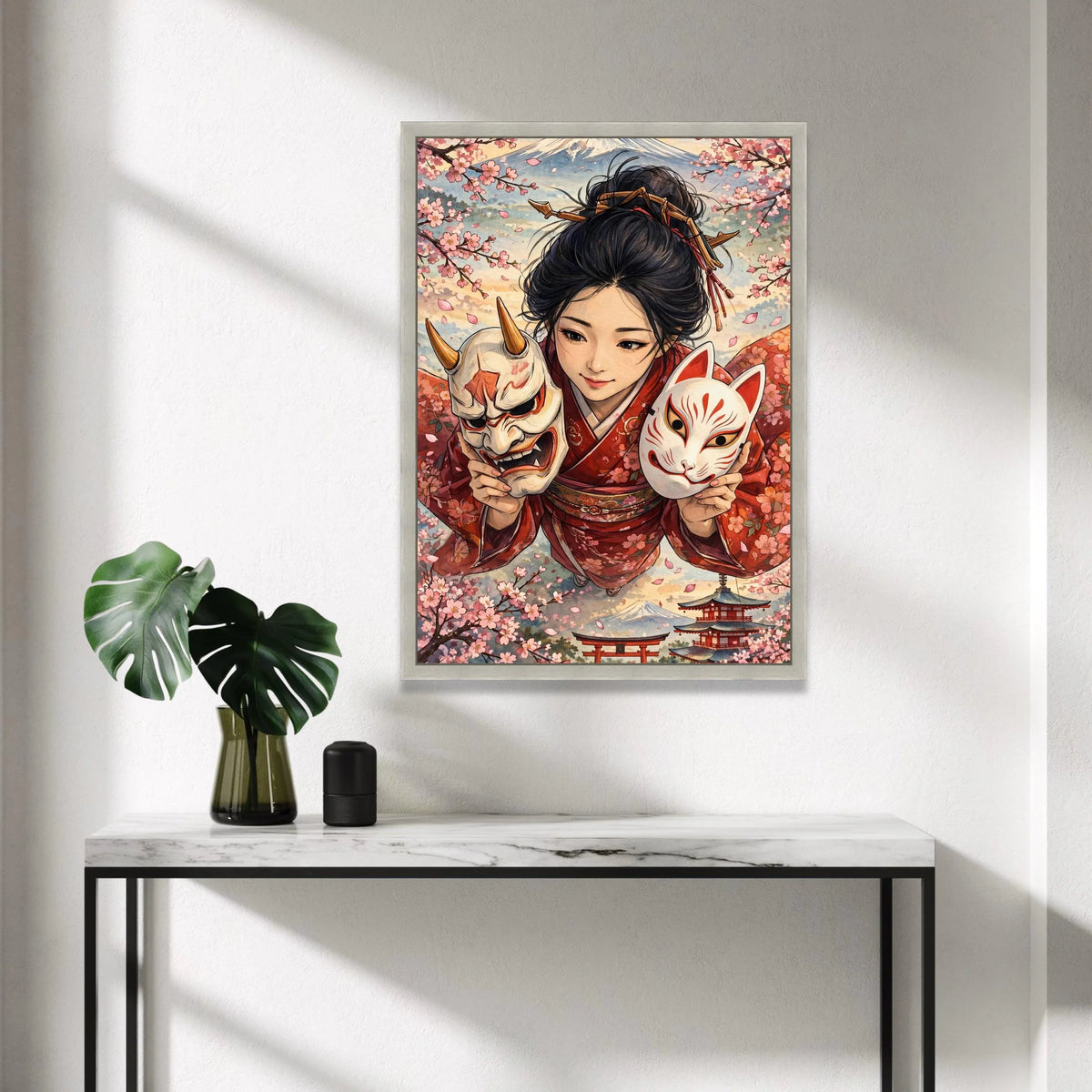 Japanese Kimono Girl with Kitsune and Oni Masks Canvas, Sakura Blossom Wall Art, Traditional Asian Portrait Canvas, Mount Canvas Print Art