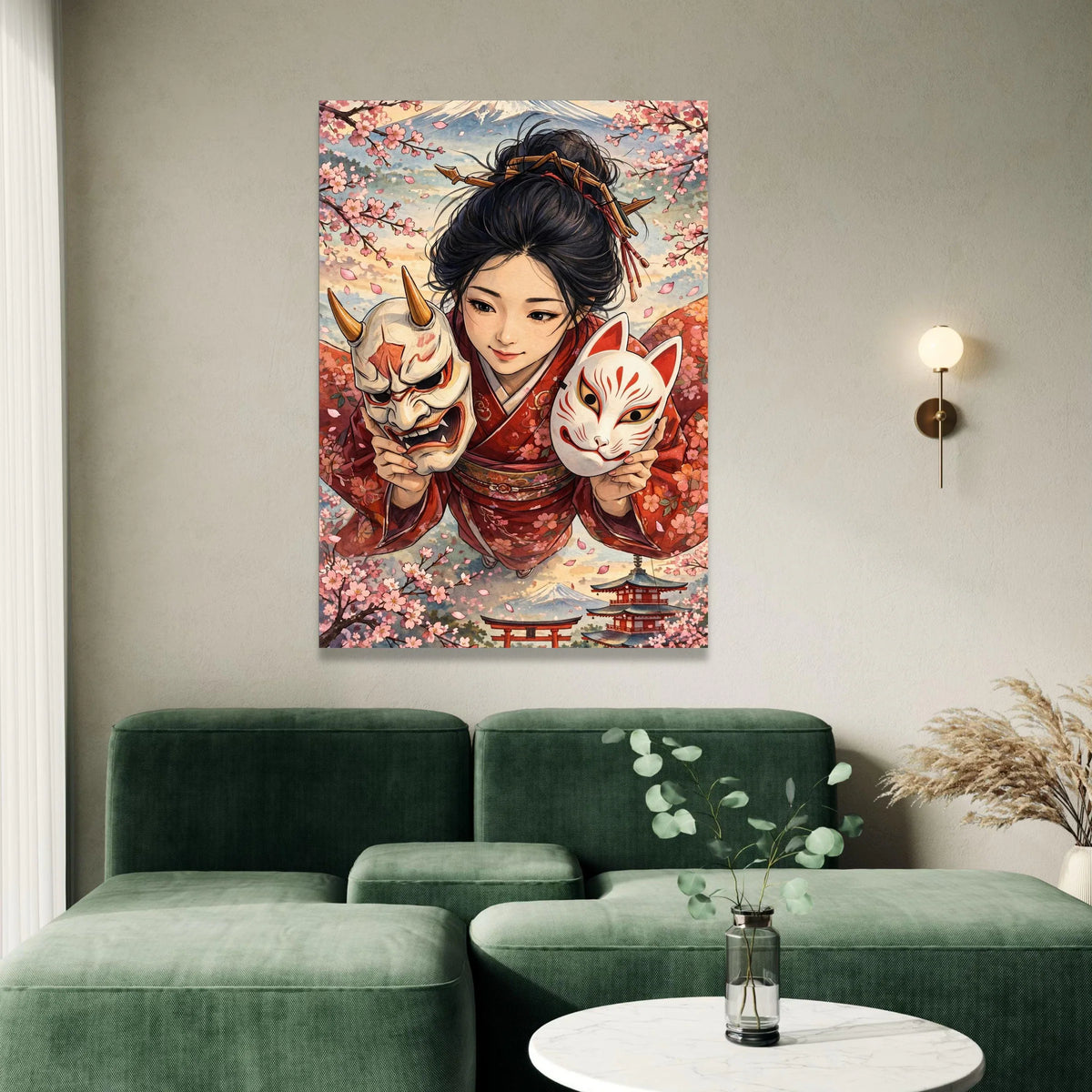 Japanese Kimono Girl with Kitsune and Oni Masks Canvas, Sakura Blossom Wall Art, Traditional Asian Portrait Canvas, Mount Canvas Print Art
