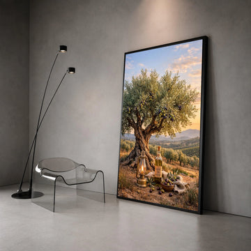 Olive Tree Sunset Landscape Canvas, Mediterranean Garden Scene, Rustic Bottle and Lantern Wall Art, Nature Home Decor, Canvas Print Art