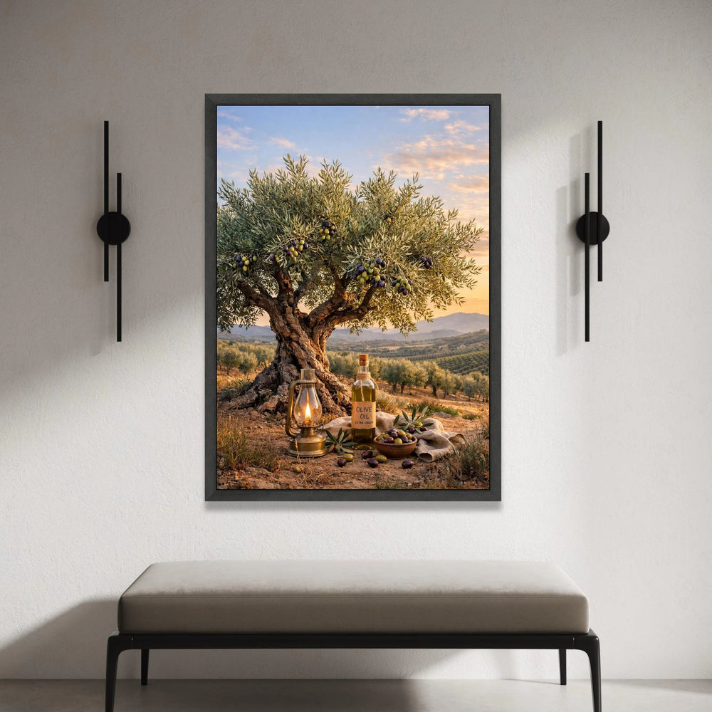 Olive Tree Sunset Landscape Canvas, Mediterranean Garden Scene, Rustic Bottle and Lantern Wall Art, Nature Home Decor, Canvas Print Art
