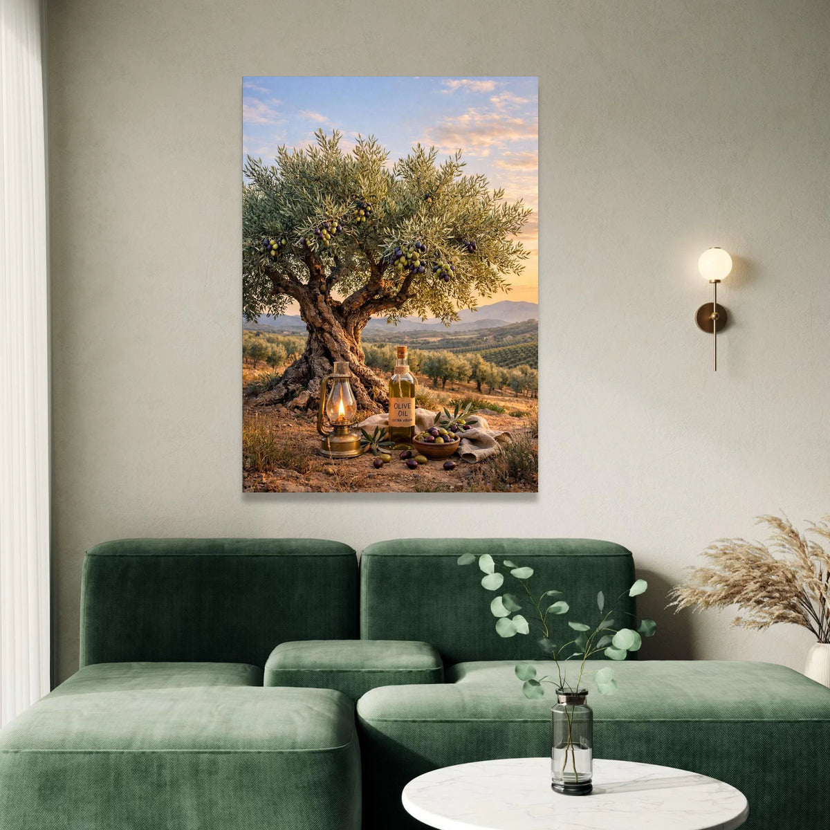 Olive Tree Sunset Landscape Canvas, Mediterranean Garden Scene, Rustic Bottle and Lantern Wall Art, Nature Home Decor, Canvas Print Art