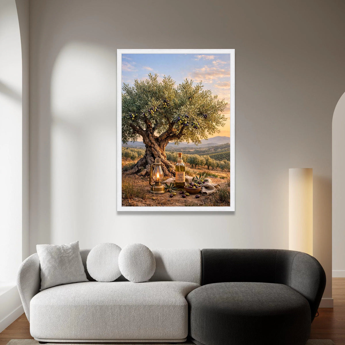 Olive Tree Sunset Landscape Canvas, Mediterranean Garden Scene, Rustic Bottle and Lantern Wall Art, Nature Home Decor, Canvas Print Art