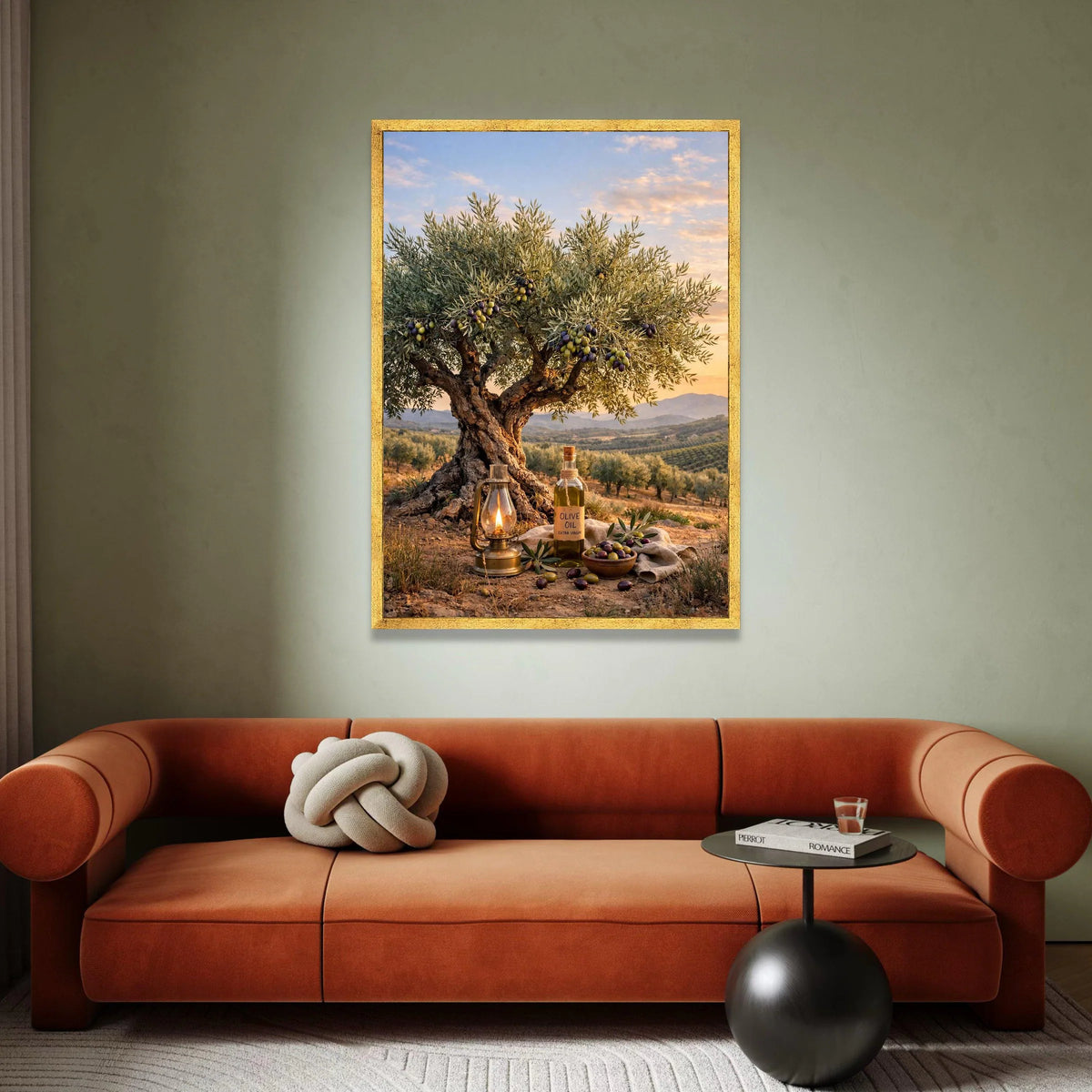 Olive Tree Sunset Landscape Canvas, Mediterranean Garden Scene, Rustic Bottle and Lantern Wall Art, Nature Home Decor, Canvas Print Art