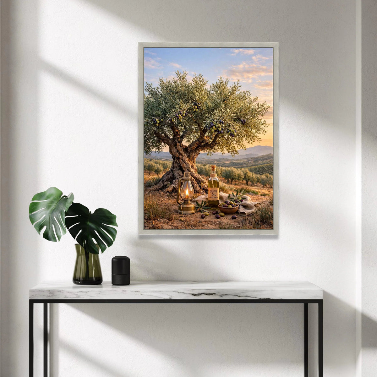 Olive Tree Sunset Landscape Canvas, Mediterranean Garden Scene, Rustic Bottle and Lantern Wall Art, Nature Home Decor, Canvas Print Art