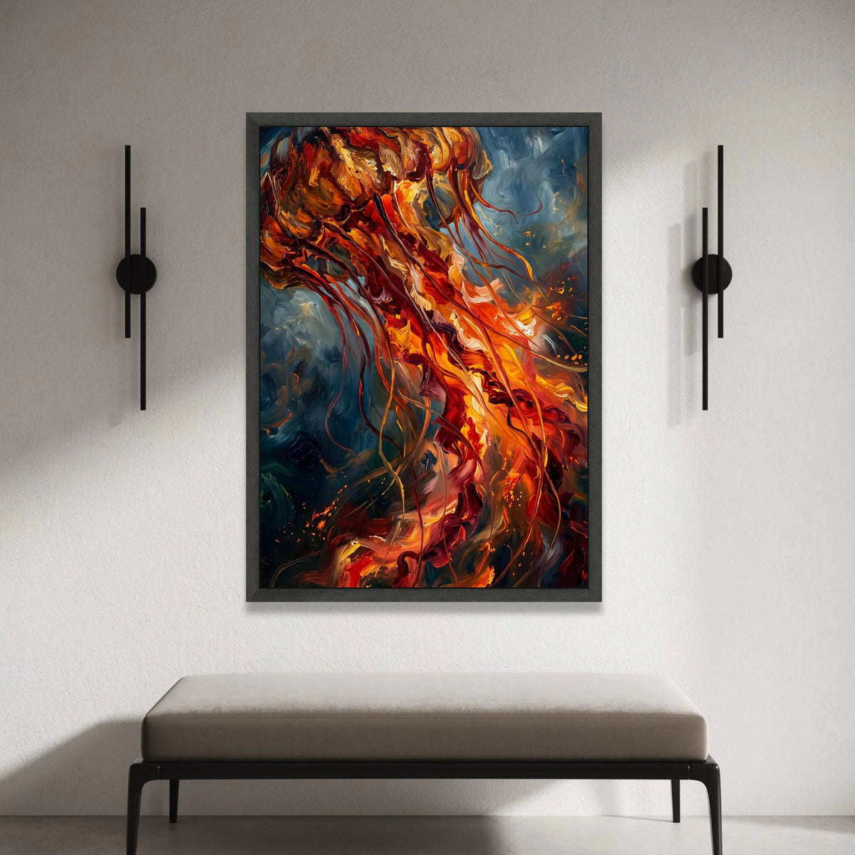 Fiery Jellyfish Canvas Wall Art, Abstract Ocean Sea Life Painting, Vibrant Marine Canvas, Colorful Nautical Wall Decor, Canvas Print Art