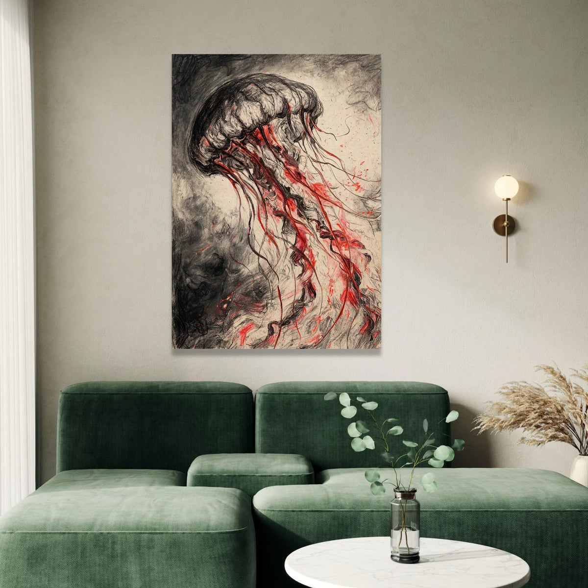 Dark Jellyfish Canvas Wall Art, Red Tentacles Ocean Life, Abstract Marine Creature, Ocean Depths Decoration, Modern Canvas Print Art