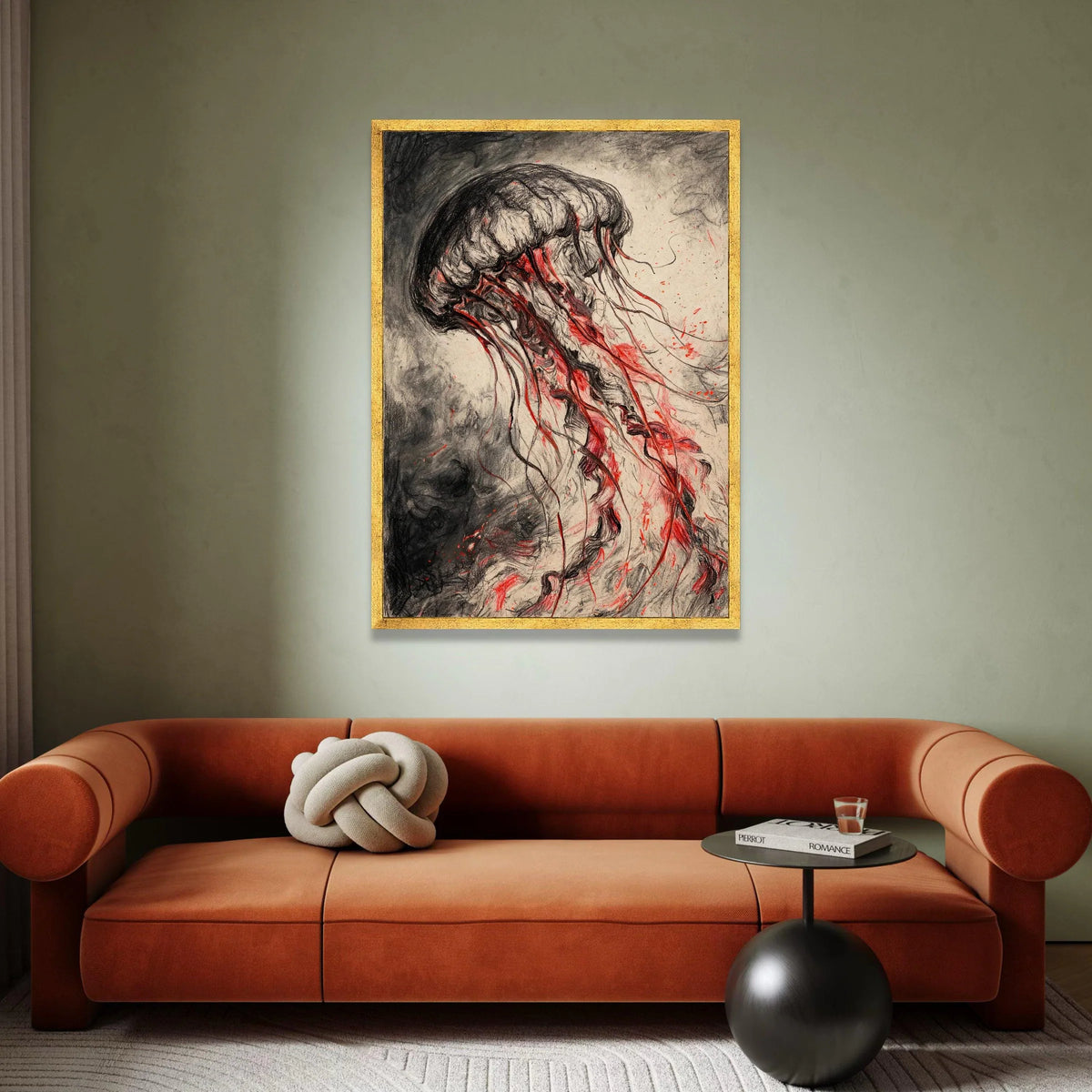 Dark Jellyfish Canvas Wall Art, Red Tentacles Ocean Life, Abstract Marine Creature, Ocean Depths Decoration, Modern Canvas Print Art