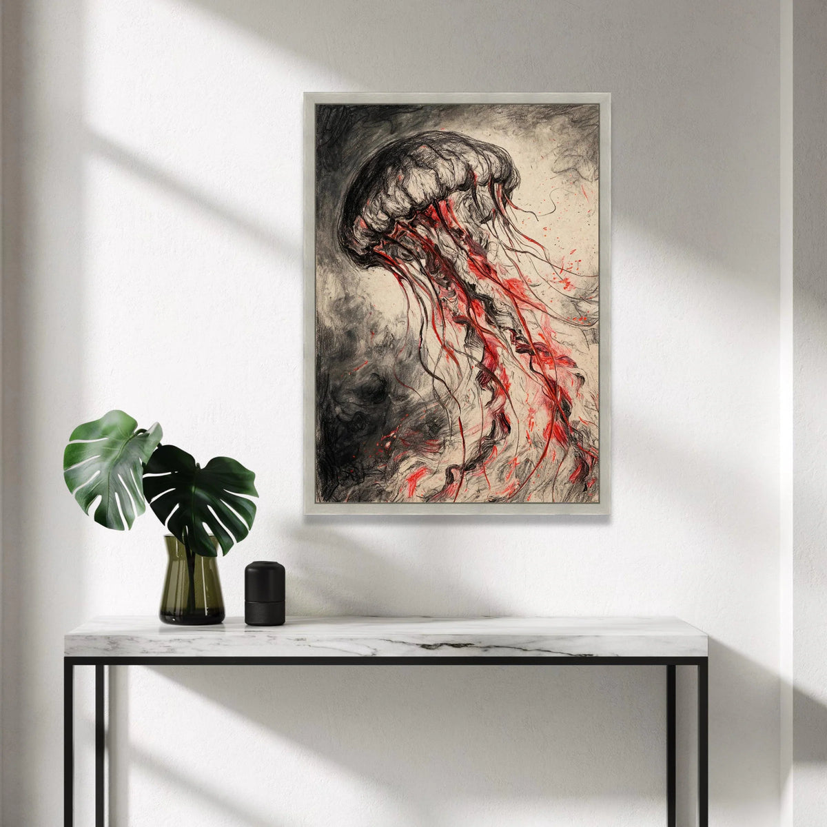 Dark Jellyfish Canvas Wall Art, Red Tentacles Ocean Life, Abstract Marine Creature, Ocean Depths Decoration, Modern Canvas Print Art
