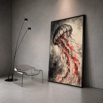 Dark Jellyfish Canvas Wall Art, Red Tentacles Ocean Life, Abstract Marine Creature, Ocean Depths Decoration, Modern Canvas Print Art