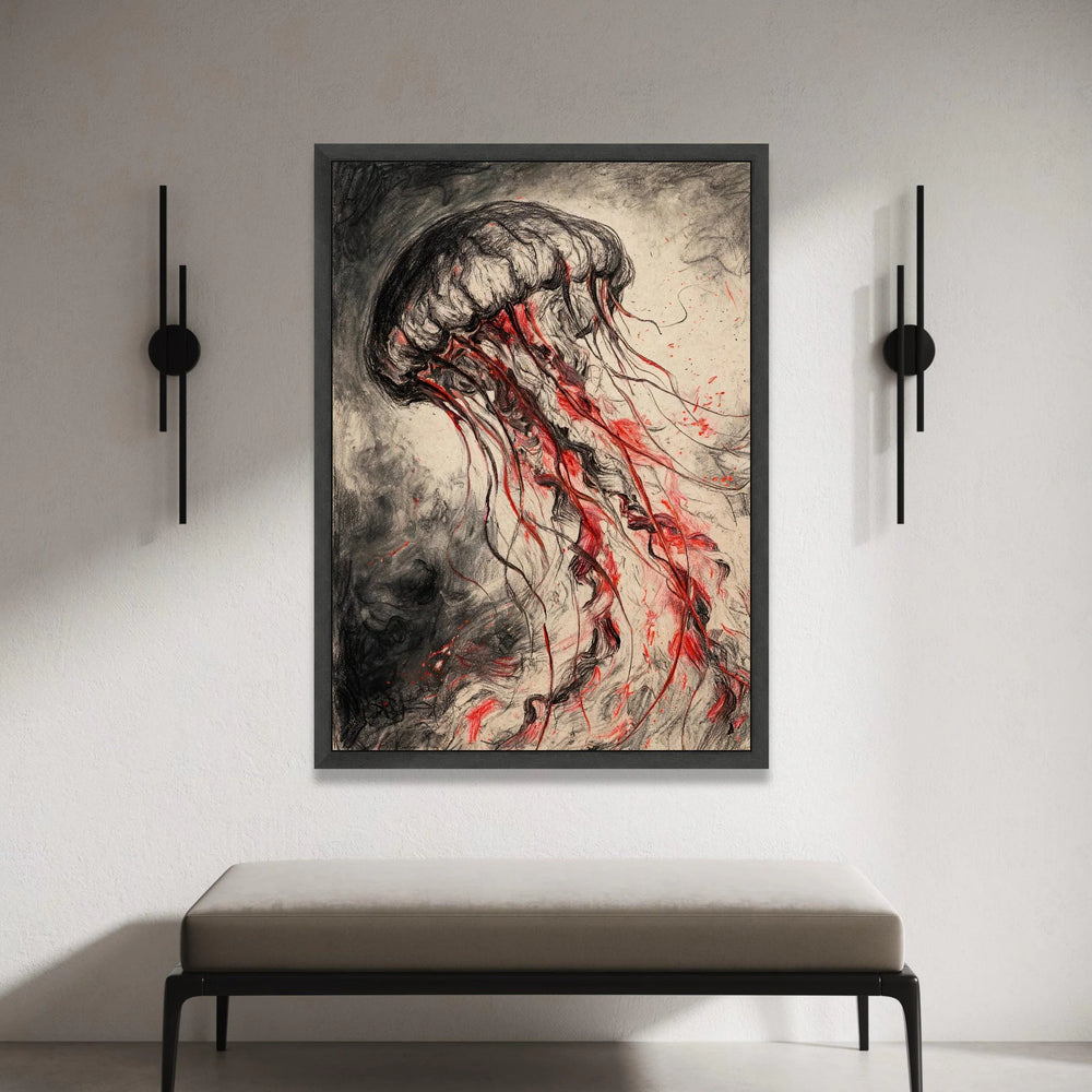 Dark Jellyfish Canvas Wall Art, Red Tentacles Ocean Life, Abstract Marine Creature, Ocean Depths Decoration, Modern Canvas Print Art