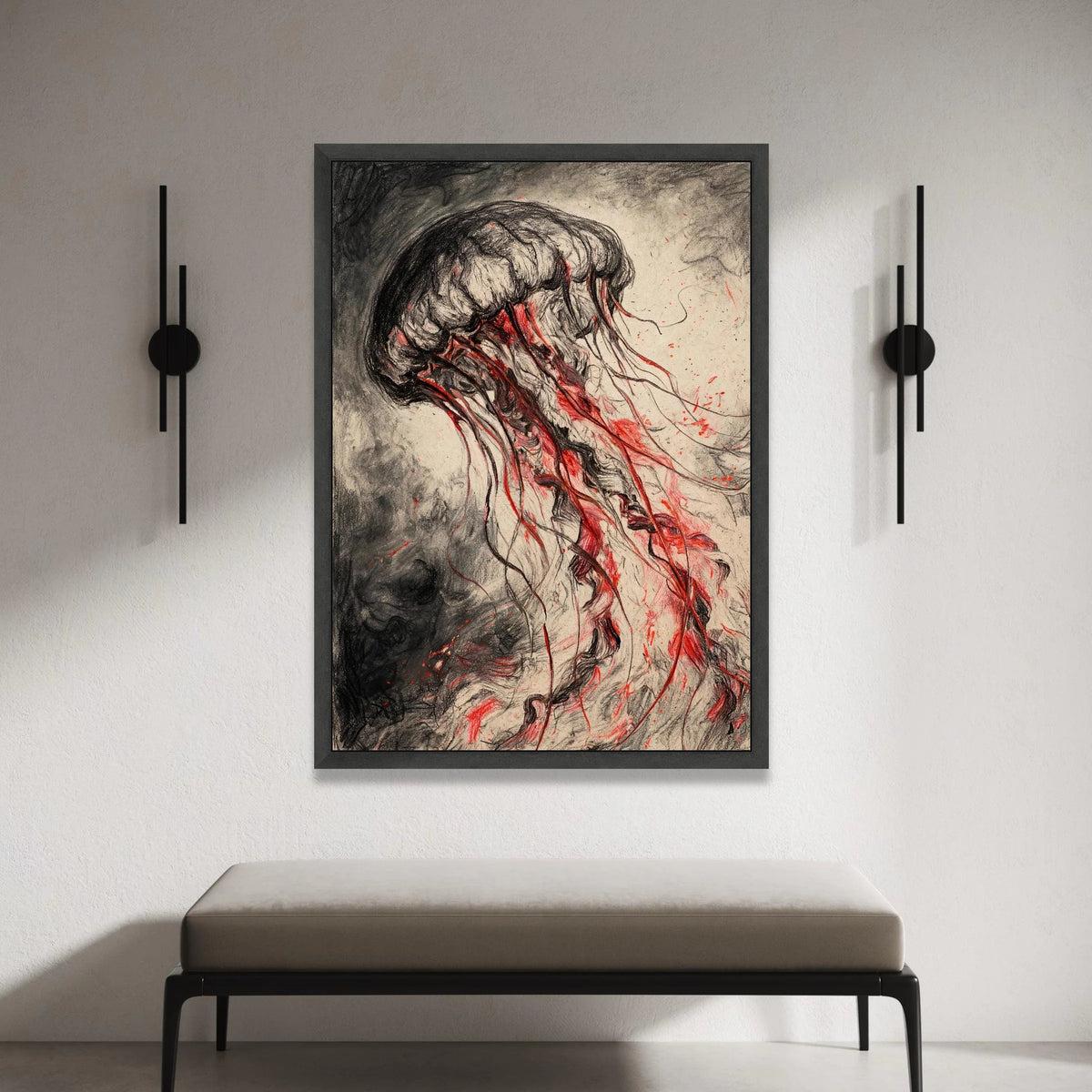 Dark Jellyfish Canvas Wall Art, Red Tentacles Ocean Life, Abstract Marine Creature, Ocean Depths Decoration, Modern Canvas Print Art